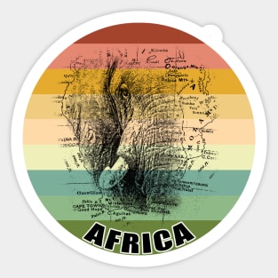 Elephant Face on Vintage Africa Map Against Retro Sunset Sticker